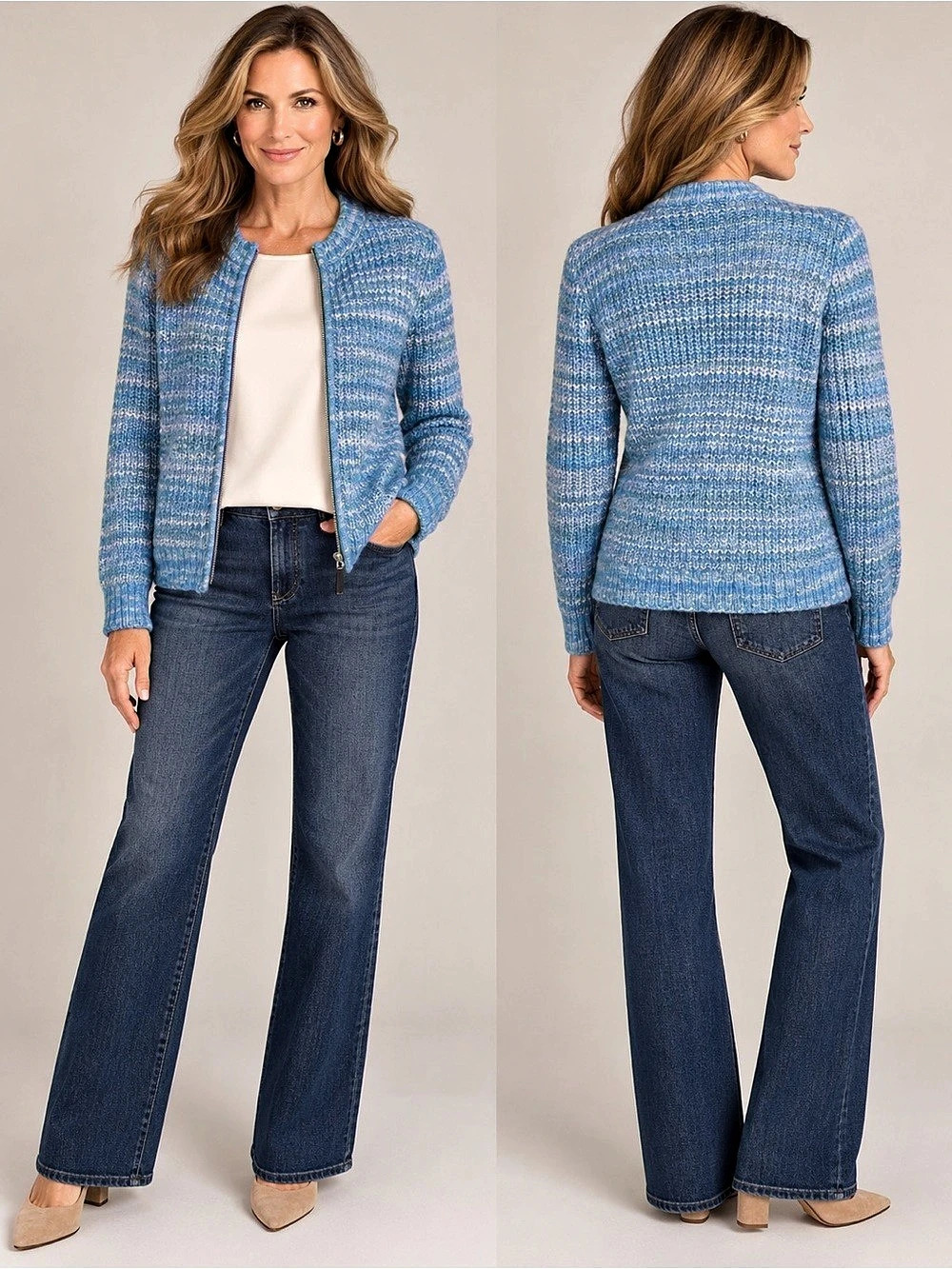 Talbots NWT Blue Marled Zip Front Wool Blend Sweater Cardigan Small
